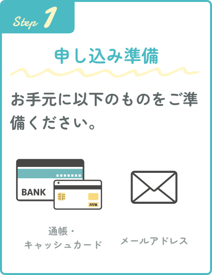 Step1 申し込み準備 通帳・キャッシュカード、メールアドレスをご準備ください